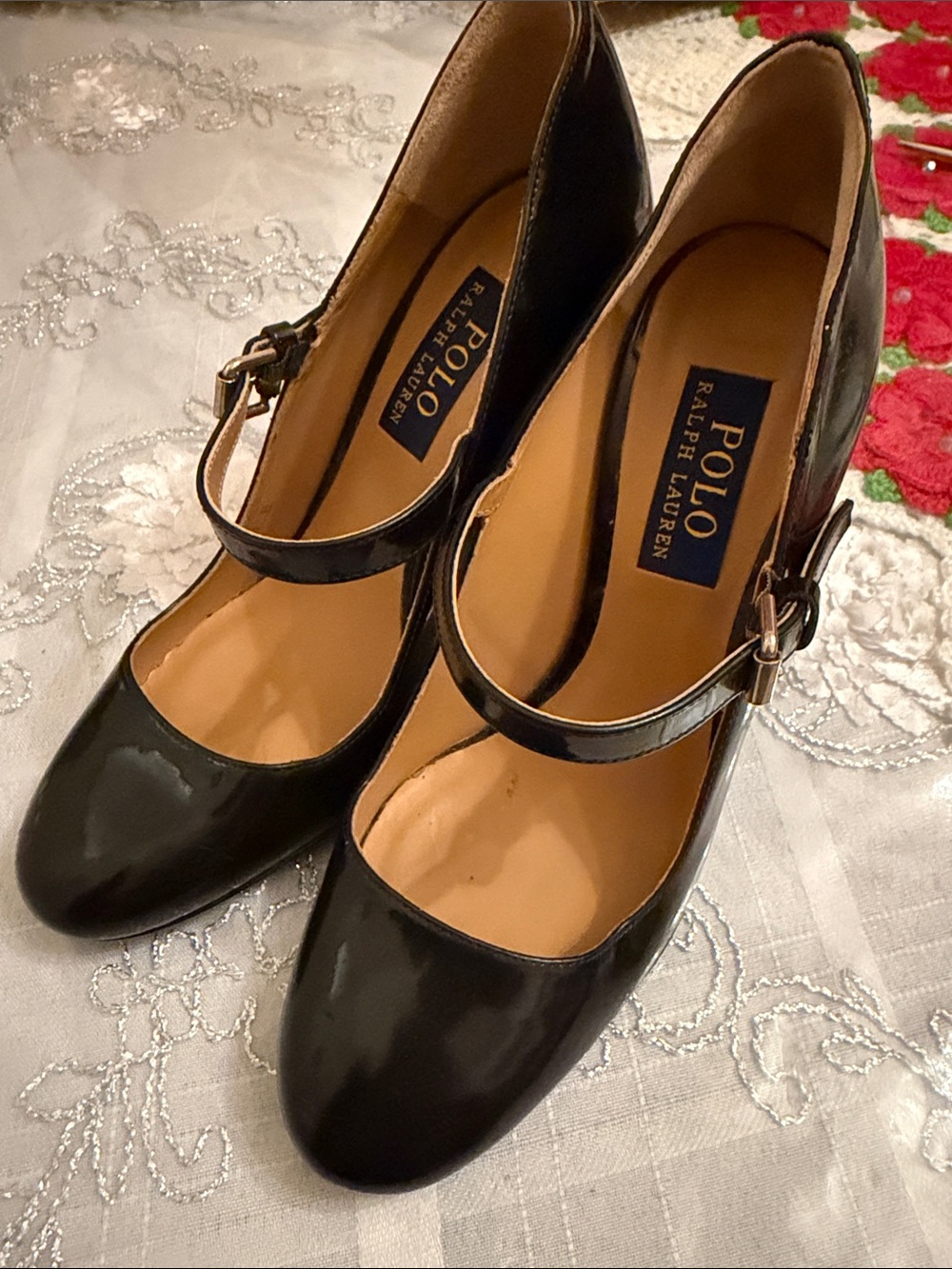 Polo Ralph Lauren Black Patent Mary Jane Block Heel Pumps - Size 38 / 7.5